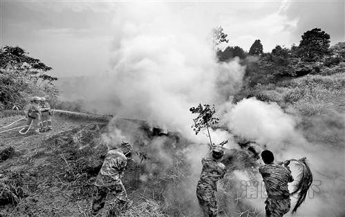 消防官兵與森林防火隊員一起將余火撲滅。